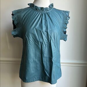 Libby Kat Teal Ruffled Sleeve Mock Neck Blouse Top Faux Leather Medium EUC